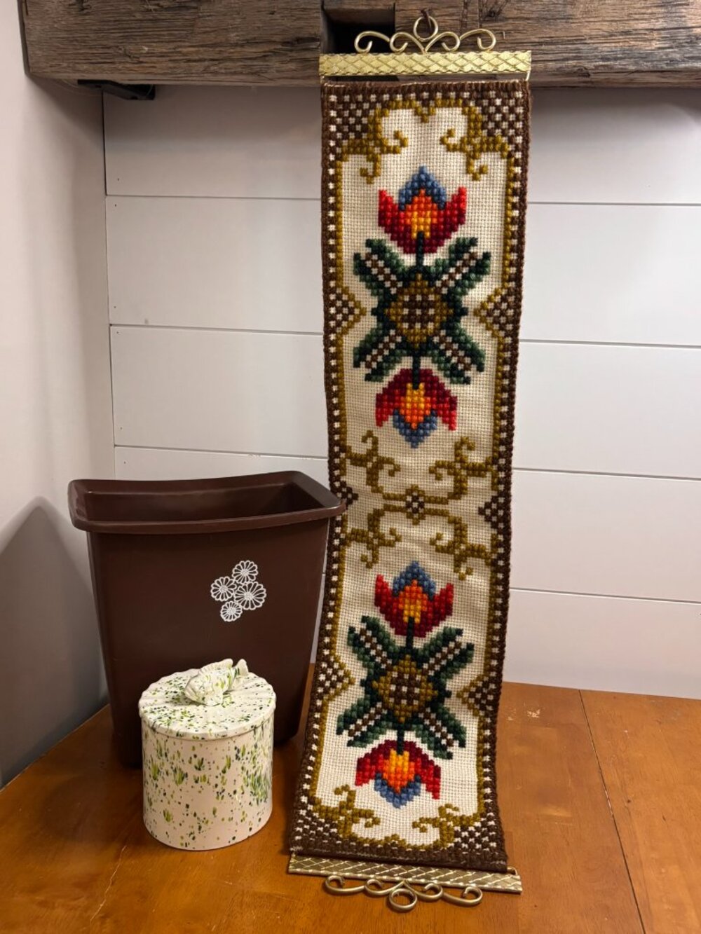 VTG 70s Retro Groovy Lot Needlepoint Bell Pull Splatter Fish Canister Trash Can